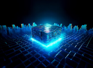 Glowing blue cube emits light on a grid surface in a dark environment. Futuristic, technological concept with abstract geometric form.