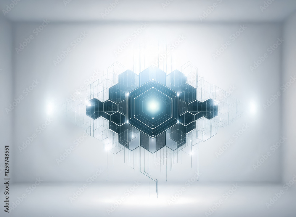 Fototapete Futuristic glowing hexagon structure in a white room. Abstract tech concept with luminous hexagons and connecting lines.