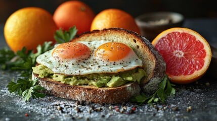 Delicious avocado toast topped with sunny-side-up eggs, garnished with fresh herbs and citrus fruits