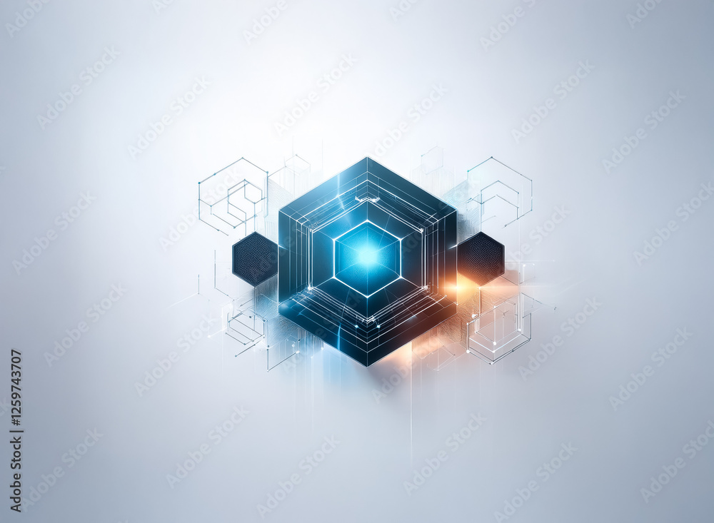 Poster Abstract glowing geometric structure featuring hexagonal designs, represents futuristic technology, digital concept, and modern innovation.