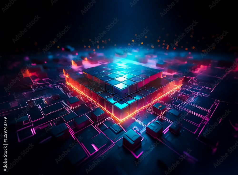 Aufkleber Abstract digital landscape featuring glowing cubes and lines forming a futuristic technological structure with vibrant neon colors in a dark space.