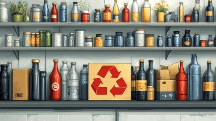 A colorful display of various bottles and jars on a shelf, showcasing recycling awareness and eco-friendliness