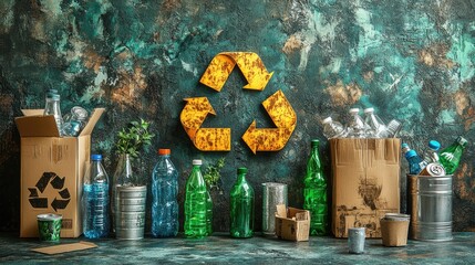 Colorful recycling scene with various waste materials and a prominent recycling symbol on textured background