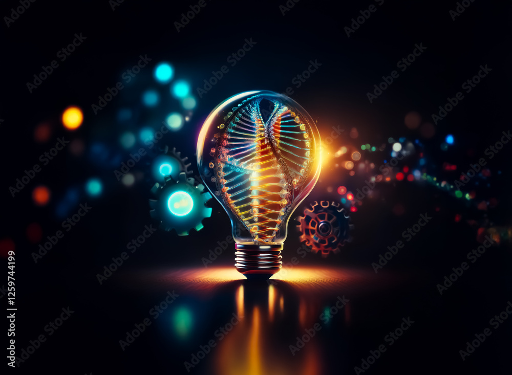 Fototapete illuminated lightbulb with dna helix inside, surrounded by glowing gears and bokeh. represents scien