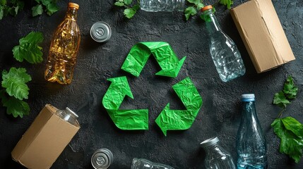 A vibrant composition of recyclable materials arranged artistically with greenery and a recycling symbol