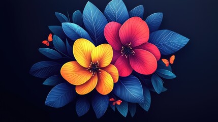 Vibrant floral arrangement featuring yellow and red flowers amidst lush blue leaves and butterflies