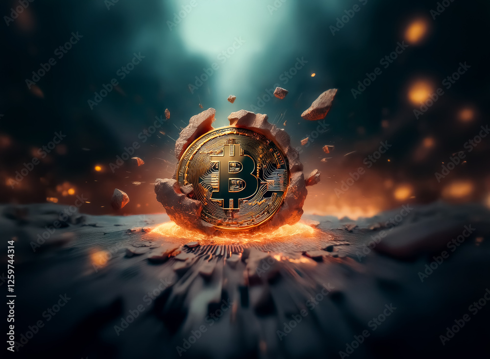 Poster Golden coin with a 'B' symbol erupts from stone amidst sparks and light, symbolizing emergence and impact against a dark, blurred backdrop.