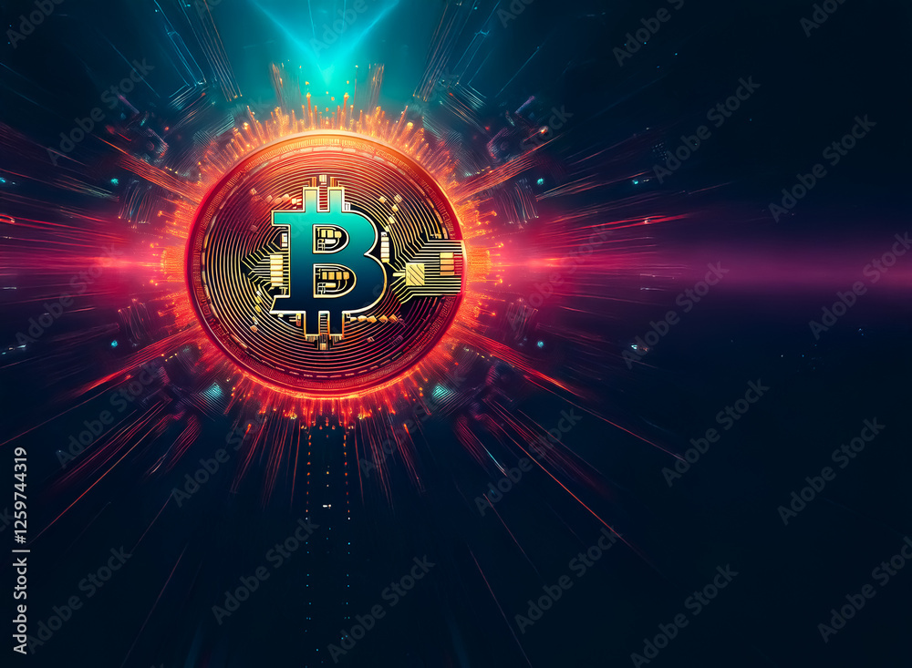 Poster a digital bitcoin coin with a golden rim and a teal 'b' symbol radiates bright light effects on a da