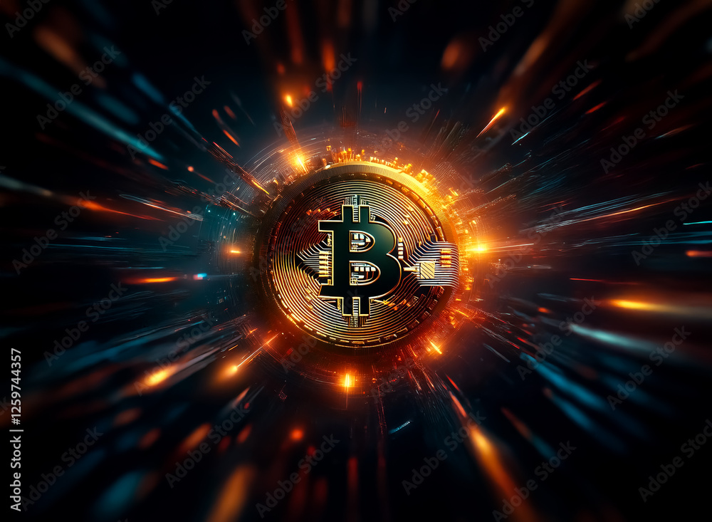 Poster a digital bitcoin symbol radiates bright light streaks on a dark backdrop, representing cryptocurren