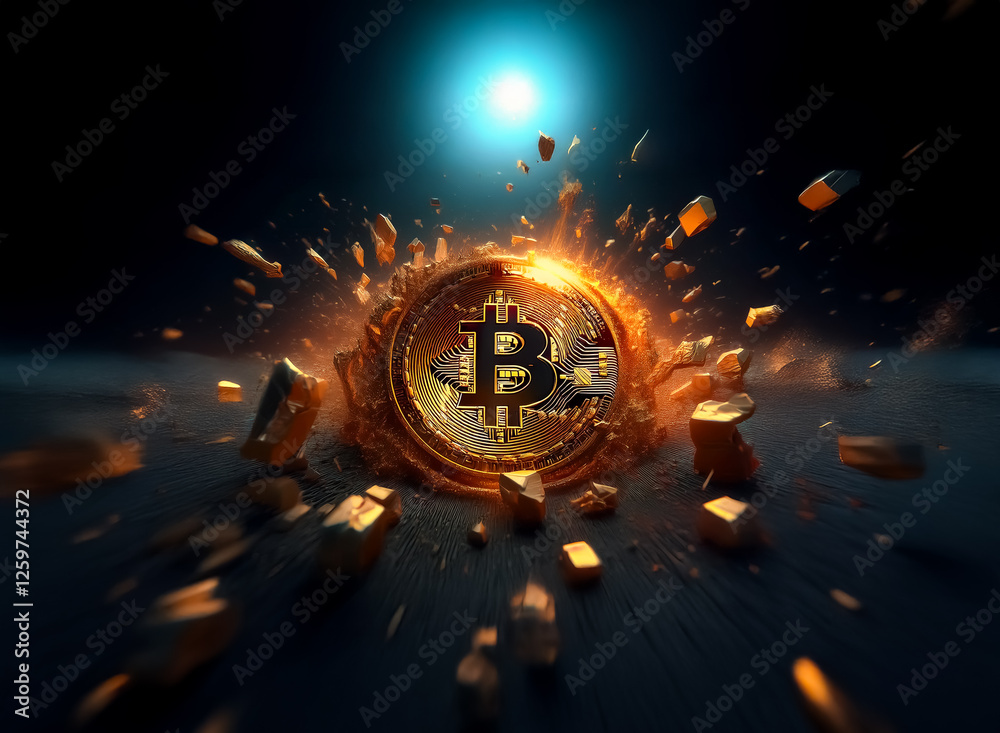 Poster golden digital currency coin is breaking apart with a bright burst of light against a dark backdrop,
