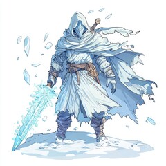 A cloaked figure stands in snow, wielding a shimmering ice sword, surrounded by icy shards, embodying a powerful and mystical presence.