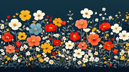 Vibrant floral pattern showcasing a variety of colorful flowers against a dark background