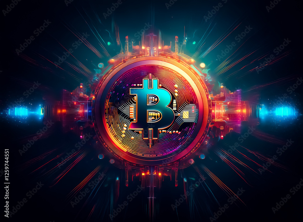 Aufkleber A glowing bitcoin symbol is centered in a futuristic digital artwork.  Bright neon colors and radiating light effects create a dynamic and abstract design.
