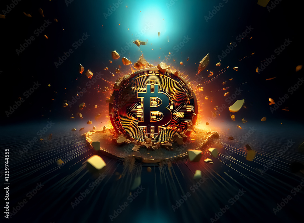 Aufkleber A golden cryptocurrency coin with a stylized B symbol is exploding outwards in a burst of light and fragments against a dark background with glowing rays.