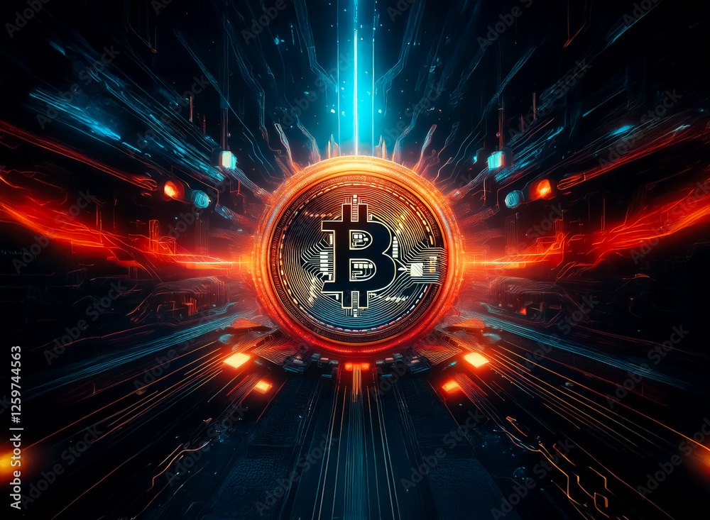 Poster Futuristic digital artwork showcasing a central Bitcoin symbol with radiant lines and abstract technology elements. Vivid blue, orange, and black colors evoke energy and modern digital finance.