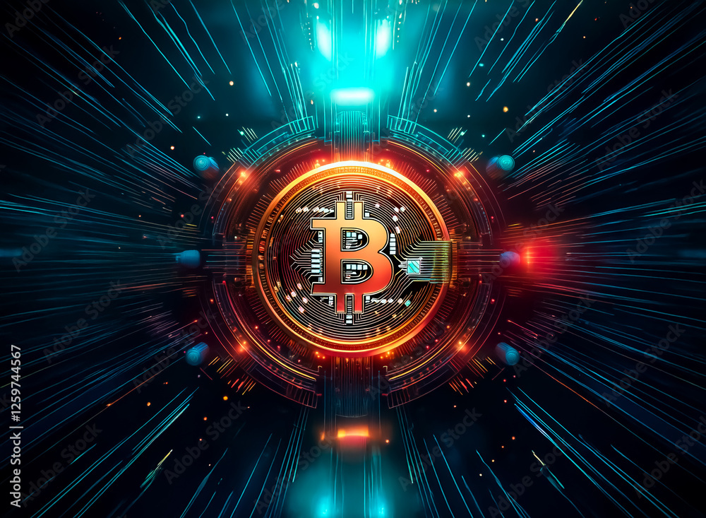 Poster A glowing bitcoin symbol is centered in a digital circuit design, surrounded by radiating blue light streaks, creating a futuristic and technological aesthetic.