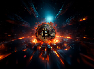 A fiery digital currency symbol, bitcoin, bursts with intense energy against a dark, futuristic background, highlighting volatility and dynamism.
