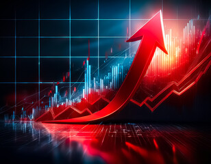 A vibrant red arrow powerfully ascends against a backdrop of dynamic blue financial graphs and charts, symbolizing significant growth and positive trends in a modern, digital context.