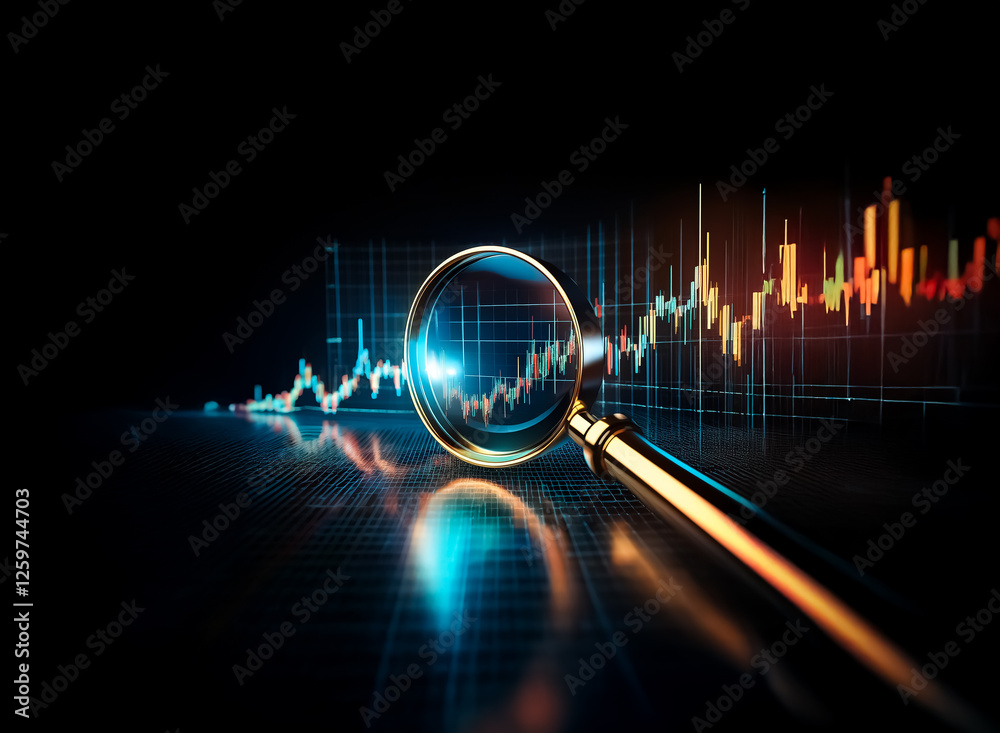Poster a magnifying glass is positioned over a vibrant stock chart display, symbolizing detailed analysis o