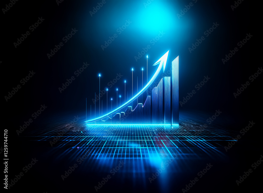 Fototapete Blue glowing graph with upward arrow symbolizing growth on a dark surface with bright light streaks.  Data and progress are visually represented in a modern, digital style.