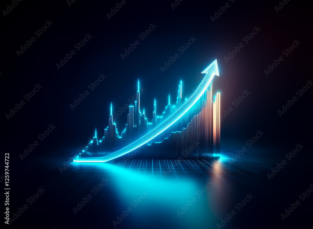 Poster Neon blue illuminated graph ascends against a dark backdrop, visually representing progress and positive trends in a modern and technological style.