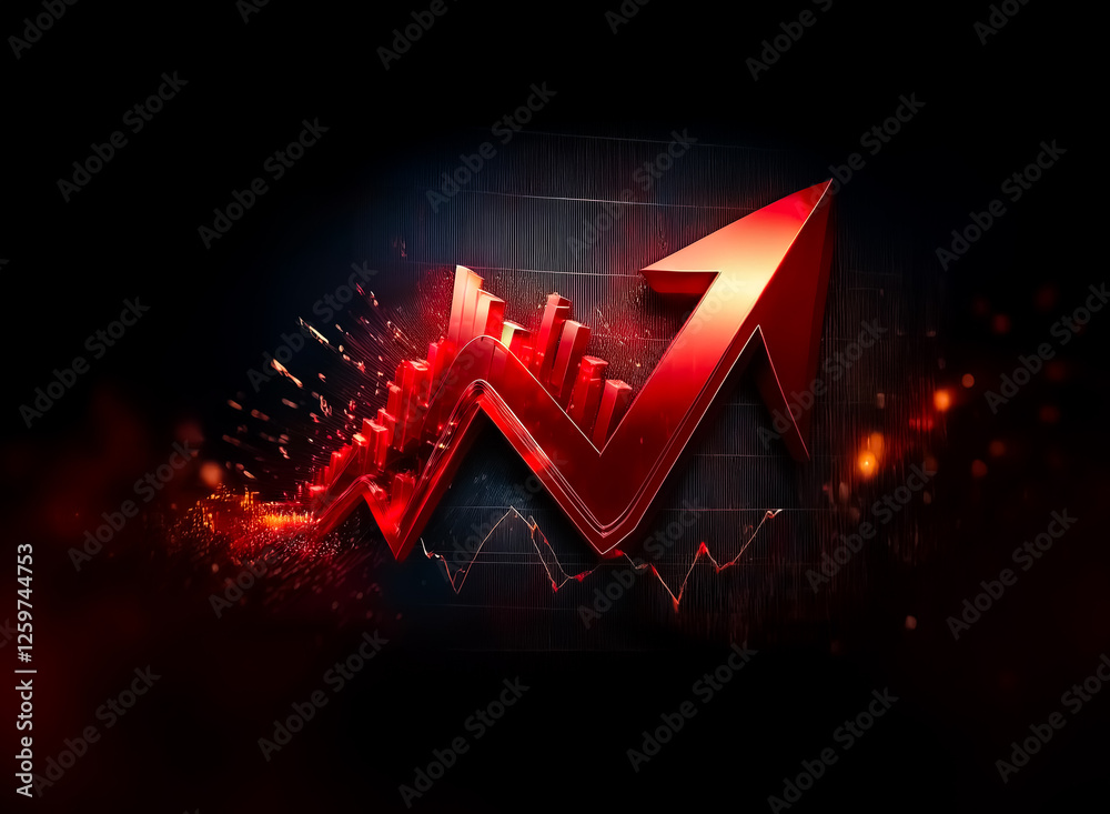 Aufkleber a bold red arrow, rendered in 3d, dramatically points upwards against a dark backdrop with scattered