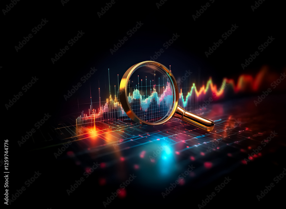 Poster a golden magnifying glass hovers above a vibrant, glowing graph with rising and falling lines on a d