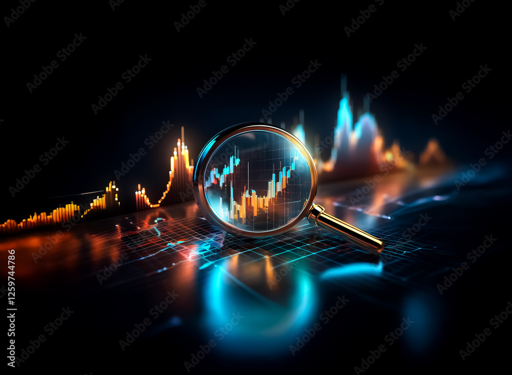 Poster magnifying glass over vibrant chart lines, displaying financial data on a dark backdrop. the illumin
