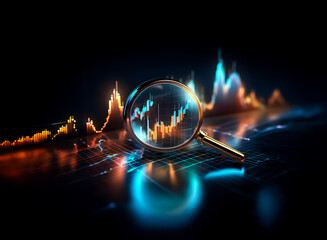 Magnifying glass over vibrant chart lines, displaying financial data on a dark backdrop. The illuminated graph suggests market analysis and economic trends.