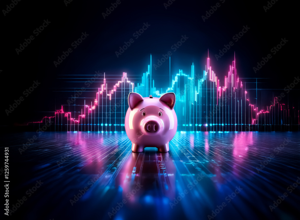 Aufkleber a pink piggy bank stands in front of a glowing neon financial chart on a dark reflective surface. th
