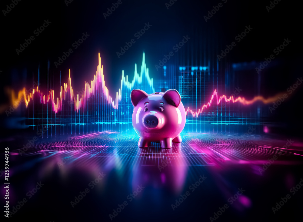 Aufkleber a pink piggy bank stands out against a backdrop of vibrant, neon digital graphs. the scene suggests 