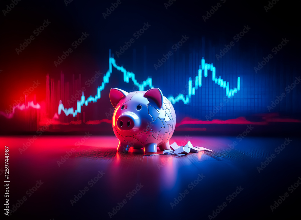 Poster piggy bank in front of a financial graph glowing with red and blue light. concept for finance, savin