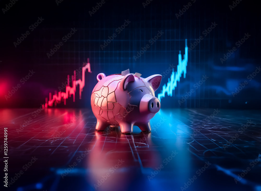 Poster pink piggy bank stands before rising graph lines in a vibrant blue and red digital background. finan