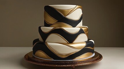 Elegant three-tier cake adorned with black and gold waves, set on a decorative platter
