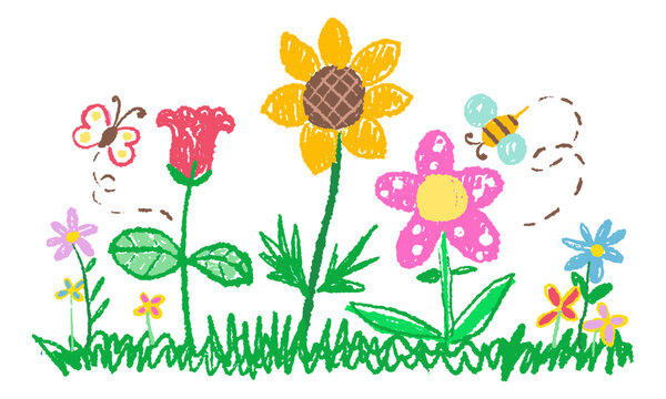 Kid doodle hand drawing crayon, wax, pencil, chalk or charcoal texture. childlike flowers and plants, grass illustration. messy and colorful vector art	
