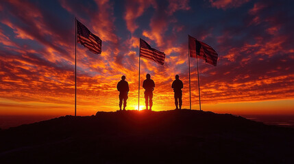 Memorial Day flag-raising at sunrise with patriotic music playing in the background