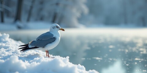 Obraz premium A solitary seabird perched on a snowdrift near a frozen body of water, winter landscape