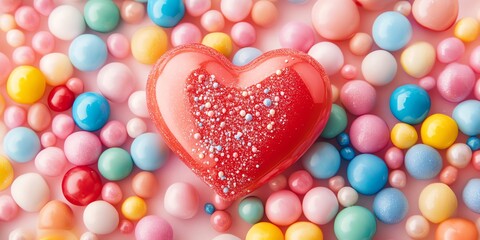 Obraz premium A vibrant candy-colored heart background featuring pastel hues and playful patterns, perfect for Valentine's Day designs and love-themed projects.