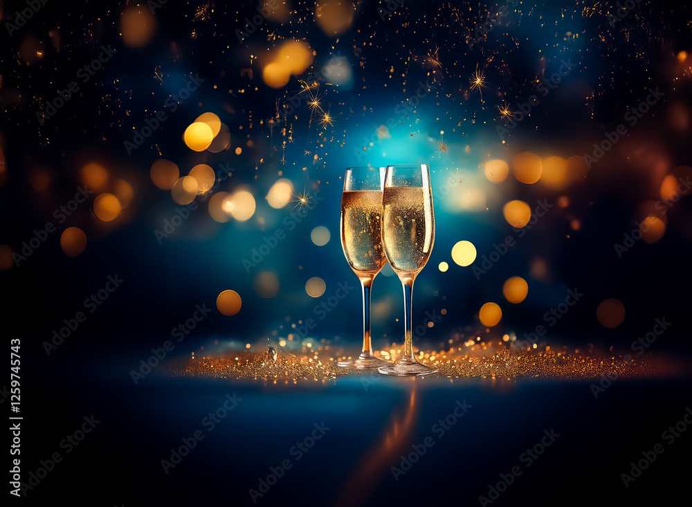 Aufkleber champagne glasses filled with sparkling drink stand against a backdrop of golden bokeh lights, creat