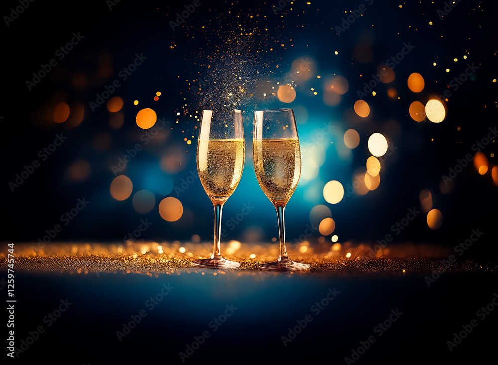 Poster two elegant champagne flutes are filled with bubbly liquid, illuminated by golden glitter and soft b