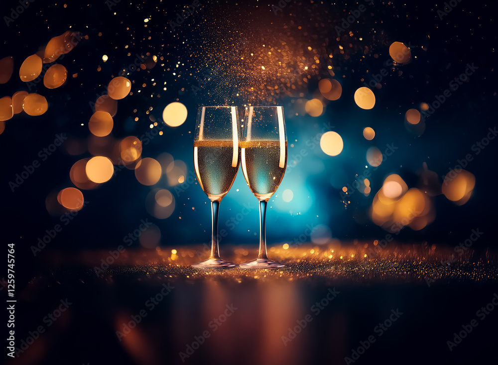 Aufkleber two champagne glasses filled with bubbly beverage are set against a dark backdrop illuminated by gol