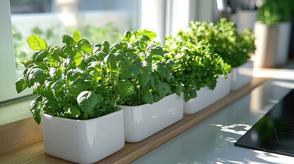 Fresh herbs growing in white pots on a sunny kitchen windowsill with greenery outside