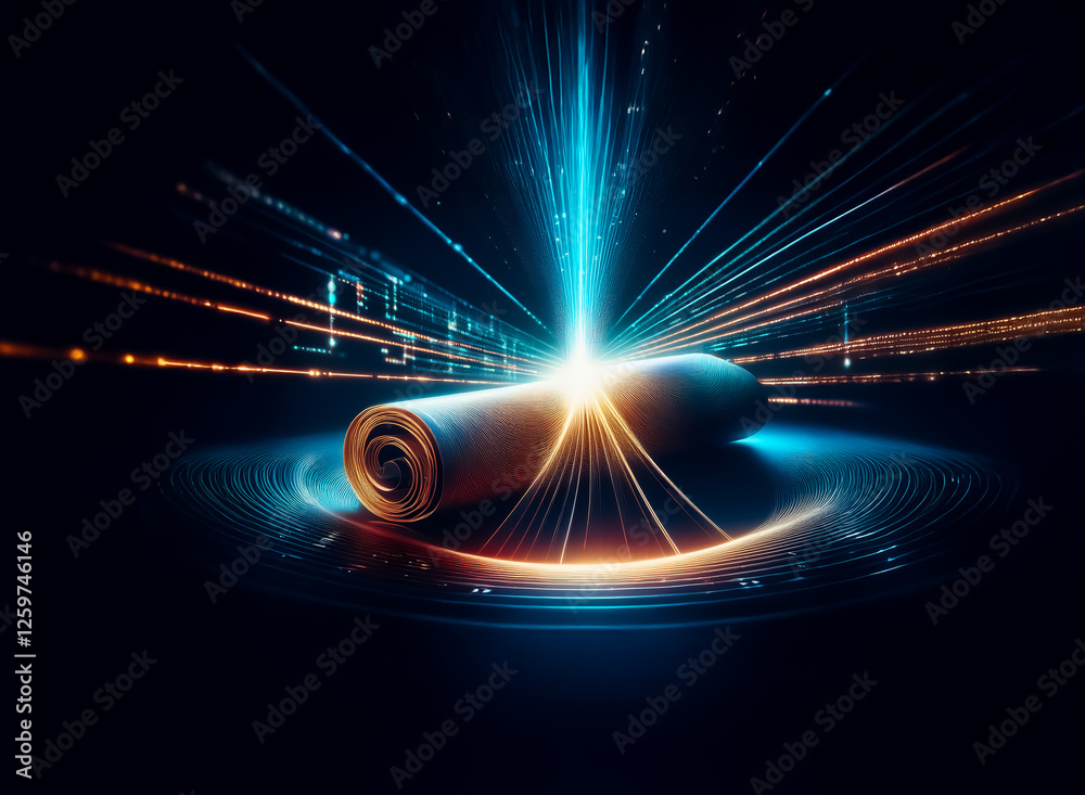 Poster A scroll appears to be the source of emanating bright blue and orange light beams in a dark setting, creating a dynamic and futuristic visual with radiating energy.