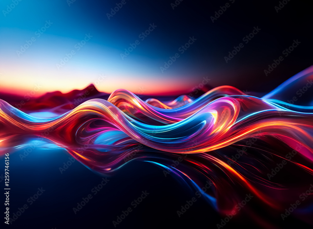 Leinwandbilder Vibrant flowing waves of colors blend in an abstract design against a gradient sky.  Smooth, dynamic motion with red, orange, blue, and purple hues.