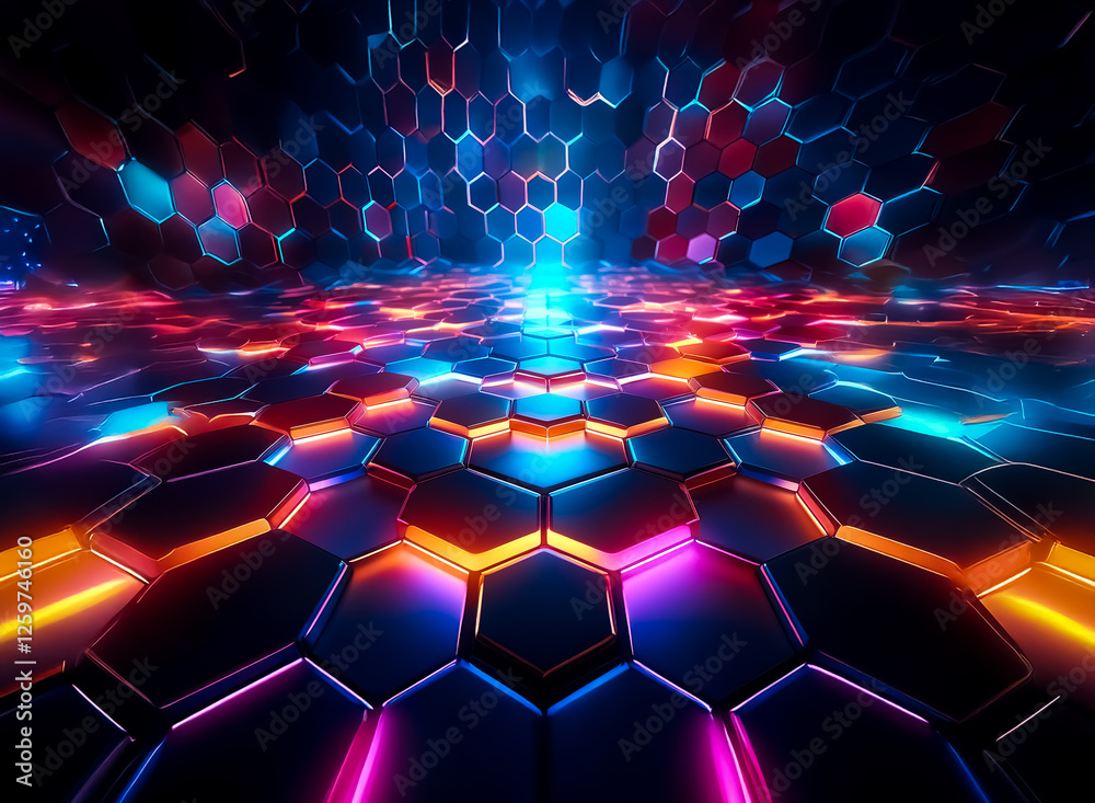 Aufkleber abstract futuristic background with glowing hexagonal tiles in vibrant blue, red, and orange. a digi