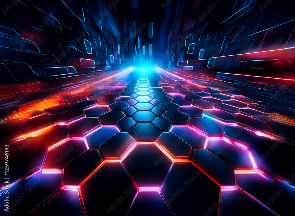 Fototapete Vibrant neon lights illuminate a futuristic tunnel with hexagonal floor tiles.  A path of glowing blue leads into a dark abstract space, lined with red and orange energy.