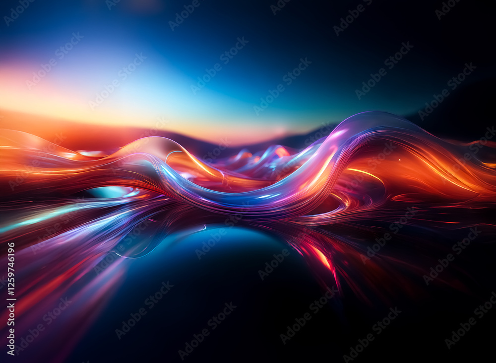 Aufkleber Abstract waves of vibrant blue and orange light flow smoothly against a dark backdrop, creating a dynamic and luminous, reflective effect.