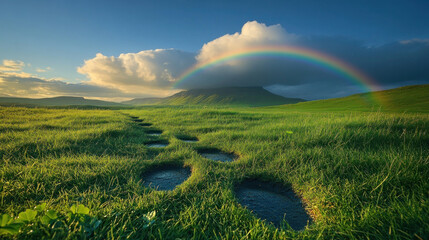 St. Patrick's Day leprechaun footprints leading to a pot of gold at a rainbow end