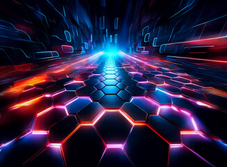 Vibrant neon lights illuminate a futuristic tunnel with hexagonal floor tiles.  A path of glowing blue leads into a dark abstract space, lined with red and orange energy.