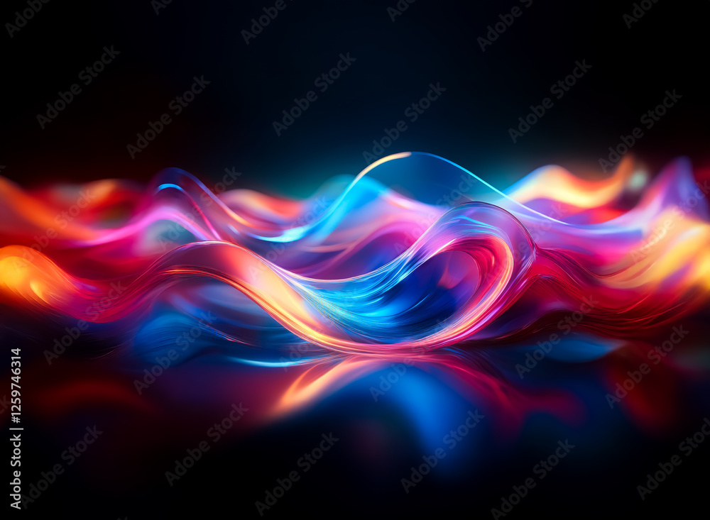 Fototapete Vibrant waves of light and color flow smoothly, creating a glossy, reflective surface against a dark backdrop. Dynamic and energetic abstract design.